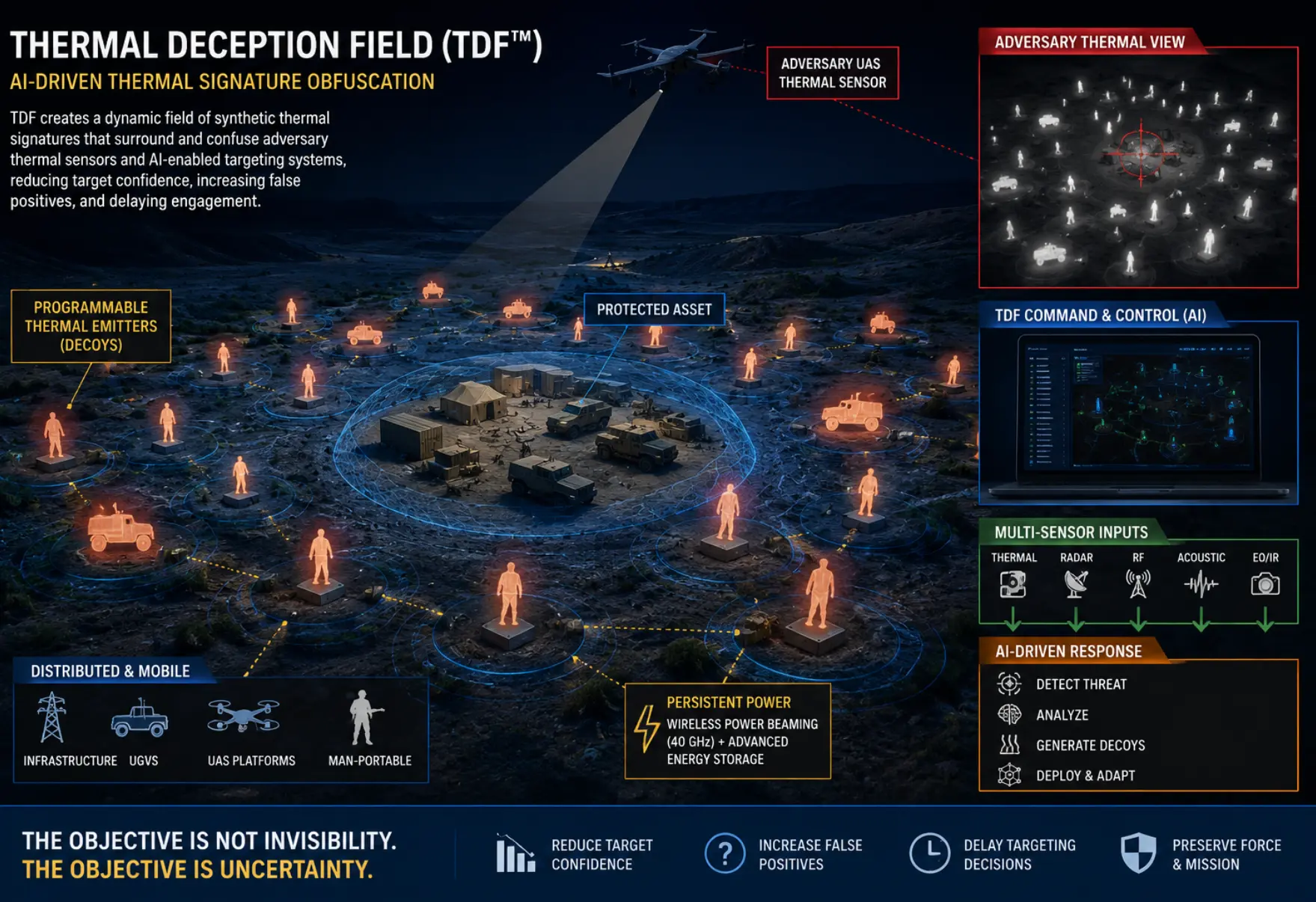 Thermal Deception Field concept: programmable thermal emitters surrounding a protected asset, adversary thermal view, TDF command and control, multi-sensor inputs, and AI-driven response.